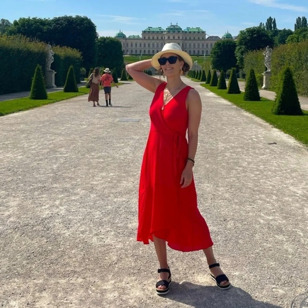 Banana Republic Bright Red Sleeveless Wrap Midi Dress